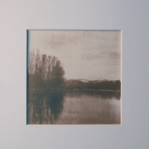 Bitterroot Winter Scene Green tea toned cyanotype print by Leland Buck Image dimensions are 5 3/4 x 5 3/4 inches (square) mounted in 11 x 14 inch matboard.